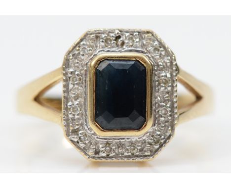 A 9ct gold sapphire and diamond dress ring, K 1/2, 2.7goverall good condition but the underside of the frame needs a little t