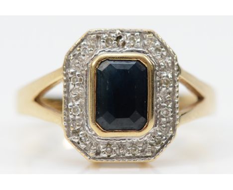 A 9ct gold sapphire and diamond dress ring, K 1/2, 2.7goverall good condition but the underside of the frame needs a little t