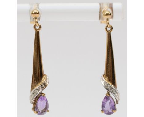 A pair of 9ct gold diamond and amethyst drop earrings, 1.7g 
