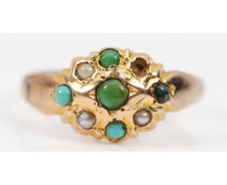 A Victorian 9ct gold turquoise and seed pearl ring, Birmingham 1898, one seed pearl missing, L, 1.3g 