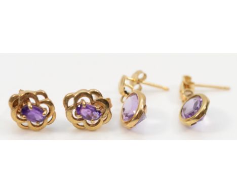 Two pairs of 9ct gold and amethyst ear rings, 1.7gm 