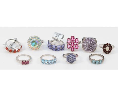 Ten various silver and gemset dress rings, including opal, sizes N - T, 37gm 