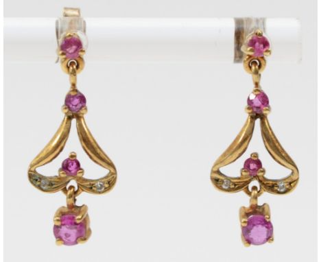 A 9ct gold pair of ruby and diamond ear pendants, 22mm, 2gm 