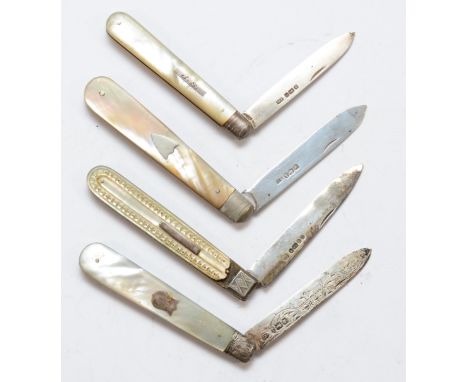 Four Victorian and later mother of pearl and silver fruit knives. 