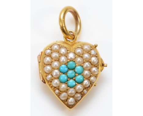 A Victorian 18ct gold half pearl and turquoise heart shape locket/pendant, original fitting to one side, 16 x 15mm, 18ct tab,