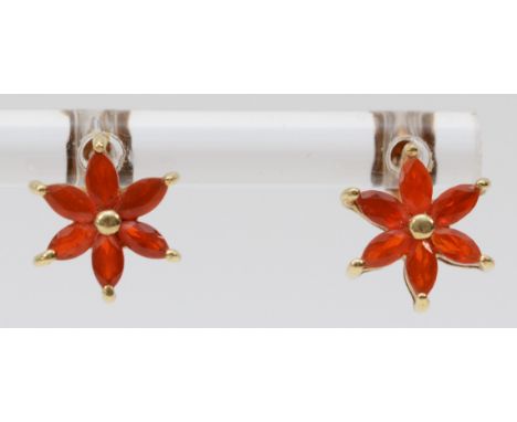 A 9ct gold pair of marquise cut fire opal ear studs, 10mm, 1.6gm 