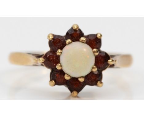 A 9ct gold opal and garnet cluster ring, M, 2.1gm 