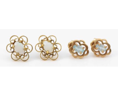 A 9ct gold pair of opal ear studs and a topaz pair, 1.9gm 