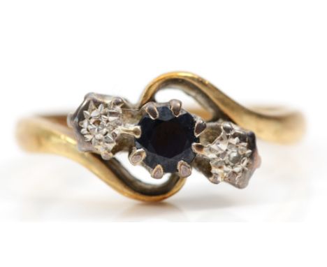 A 9ct gold sapphire and diamond three stone ring, K, 2.7gm 