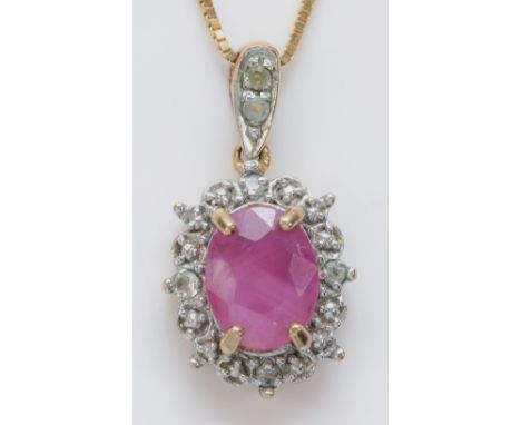 A 9ct gold and enhanced ruby and white stone cluster pendant, 21mm overall, chain, 3.8gm 