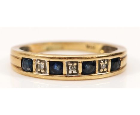 A 9ct gold sapphire and diamond half eternity ring, K, 1.8g 