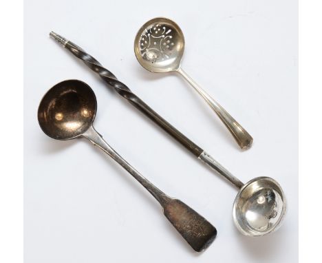 A Victorian Scottish silver and whalebone toddy ladle, Glasgow 1859, an Irish sauce ladle, Dublin 1830 and s silver sifter sp