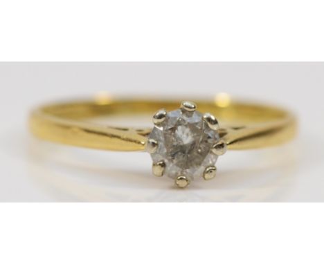 An 18ct gold single stone diamond ring, claw set with a brilliant cut stone, approximately 0.30cts, estimate I/J, P1/2, O, 2.