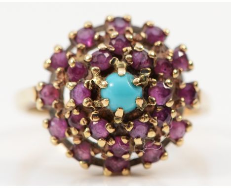 A 9ct gold, ruby and turquoise cluster bombe ring, N 1/2, 3.8g 