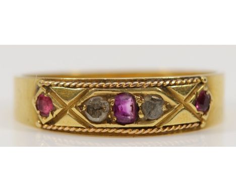 A Victorian 15ct gold ruby and rose cut diamond ring, 1878, N, 2.4gm 