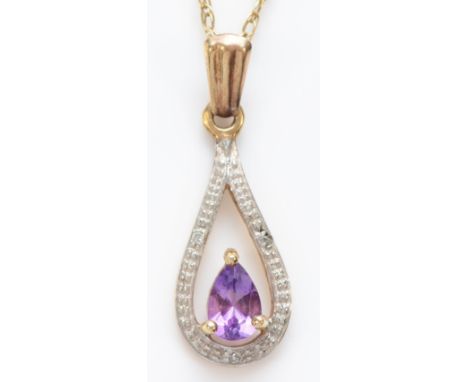 A 9ct gold amethyst and diamond pendant, chain, 1.7gm 