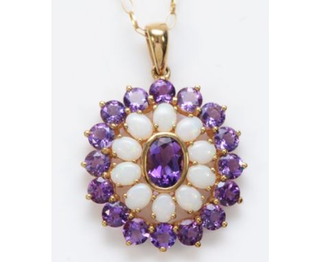 A 9ct gold opal and amethyst cluster pendant, 29mm overall, chain, 4gm 