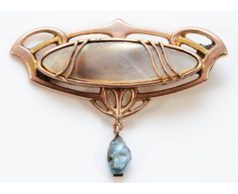Barnet Henry Joseph (1837-1907), a 9ct rose gold and blister pearl Art Nouveau brooch, c.1900/05, signed, 39mm, lacking hinge