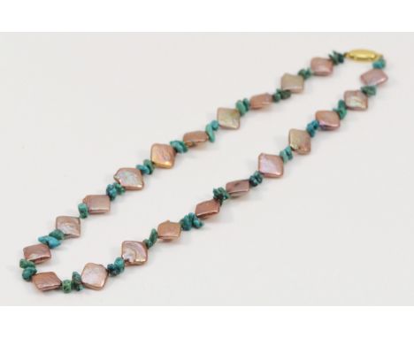 A 9ct gold clasp cultured pearl and turquoise single strand necklace, 17.7g 