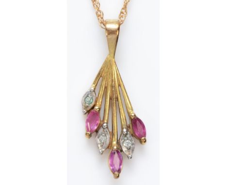 A 9ct gold diamond and ruby pendant necklace, pendant length 25mm, 2.1g 