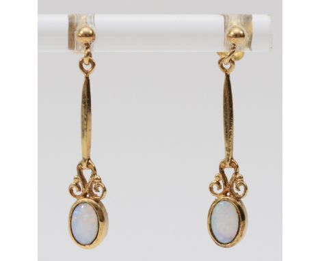 A 9ct gold pair of opal drop ear pendants, 24mm, 1.5gm 