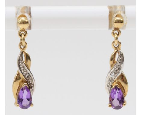 A 9ct gold pair of amethyst and diamond ear pendants, 13mm, 1 gm 