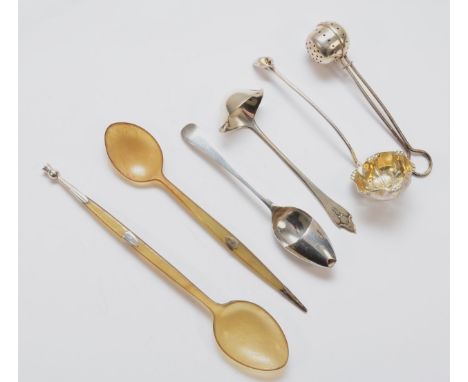 Georg Jensen, a silver toddy ladle, London import marks 1929, a tea infuser, Sheffield 1945, a sifter spoon, Sheffield 1900, 