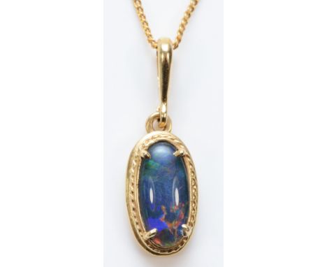 A 14K gold mounted opal triplet pendant, 12mm 9ct gold chain, gross weight 2.8gm 