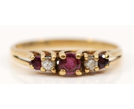 A 9ct gold diamond and ruby five stone ring, J 1/2, 1.4g 