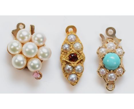 A 9ct gold and cultured pearl cluster clasp, a turquoise and half pearl clasp and a garnet and half pearl clasp, 4.3gm (3) 