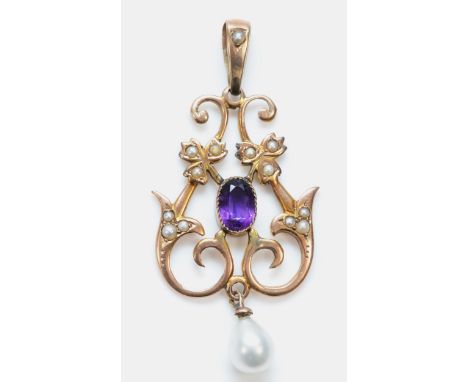 An unmarked rose gold amethyst, half pearl and imitation pearl pendant, 47mm, 3.3gm 