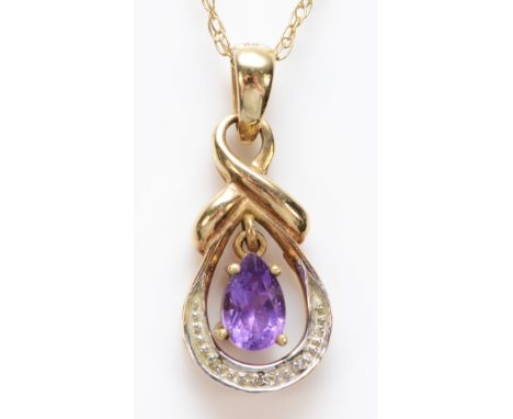 A 9ct gold amethyst and diamond pendant, chain, 2gm, see previous lot 