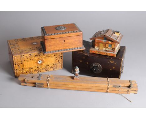 A Victorian inlaid sewing box and other items, including a novelty Swiss cigarette box, a lacquered box, a tea caddy and an e