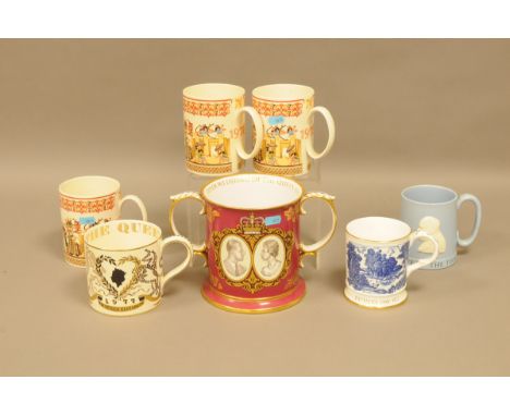 Three Wedgwood pottery Fathers' mugs 1978, together with a large Spode porcelain commemorative loving cup, and three further 