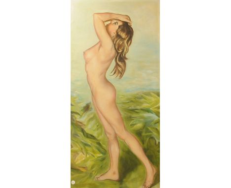 A large modern portrait of a nude, 130cm by 62cm, of a young naked lady on green leaf and sky ground, unframed 