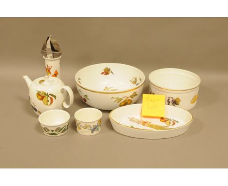 A collection of Royal Worcester porcelain Evesham items and Portmerion pottery items, including serving dishes, a teapot, AF,