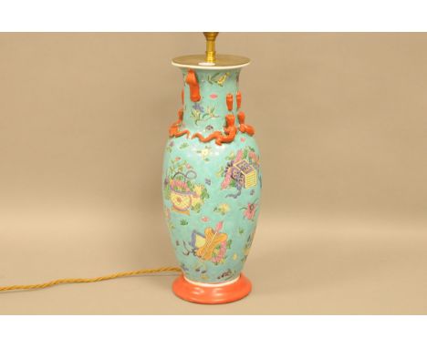 An early 20th century Chinese porcelain vase lamp base, 39cm plus brass light fitting 