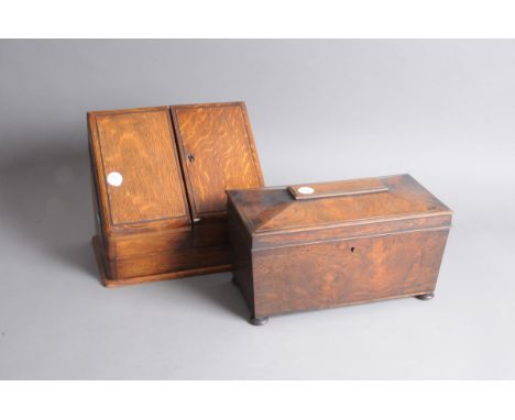 A Victorian mahogany sarcophogus shaped tea caddy, 34cm, replaced glass mixing bowl and wood drying somewhat, together with a