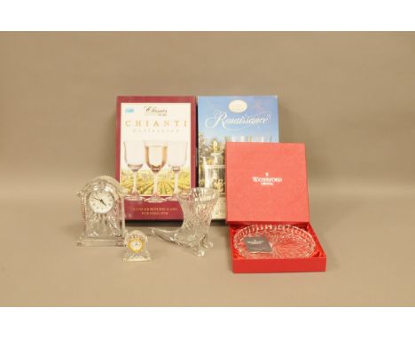 Two Waterford Crystal clocks and other glass ware, 18cm and 7cm, together with a  Waterford Crystal circular dish in box, a c