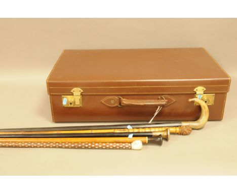 Four antique walking canes and a walking stick, together with a brown leatherette suitcase (6) 