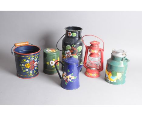 Six items of barge ware, including a lantern, bucket, coffee pot, tin, and two containers, tallest 32cm 
