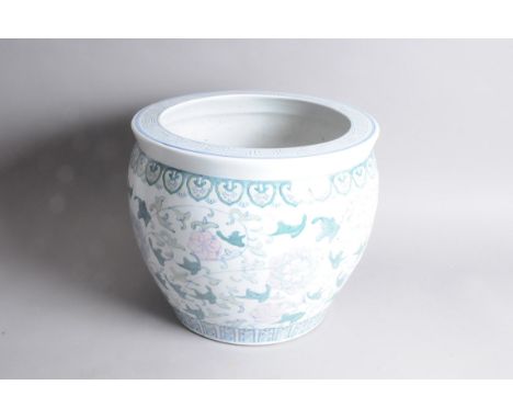 A modern large Chinese porcelain planter, decocrated with scrolling foliage and Greek key pattern to rim, 35cm high and 41cm 