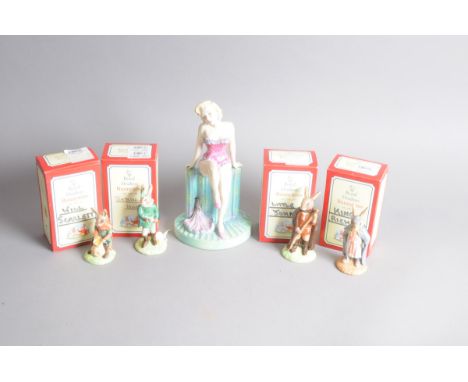 Four Royal Doulton pottery Bunnykins figures, Robin Hood themed, together a Peggy Davies ceramic figure of Marilyn Monroe by 