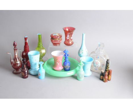 A collection of 19th and 20th century decorative glassware, including a Bohemian red and clear glass enamel decorated ewer wi