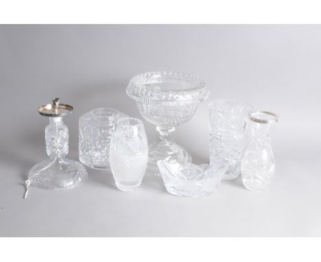 Seven items of cut glass, including a large footed bowl centrepiece, 30cm high, four vases, an oval dish and a lamp base (7) 