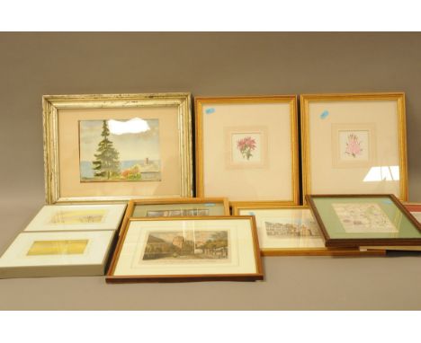 Ten small painting and prints, including two small flower studies by Pearl Titterington, a small road map print and others (1