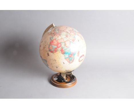 A modern World Globe lamp, the light up globe on turned wooden base, 40cm 