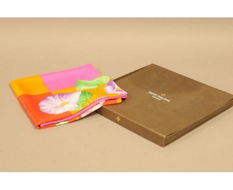 A modern pretty silk lady's colourful scarf, presented in a Patek Philippe square scarf box (2) 