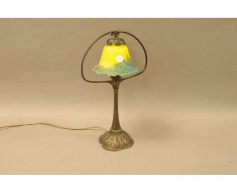 A modern Art Nouvea style lamp, 45cm, brass with glass shade 