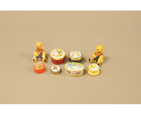 Eight modern collectable enamel teddy bear related items, including two Royale Strafford scent bottle teddy bears, and six sm